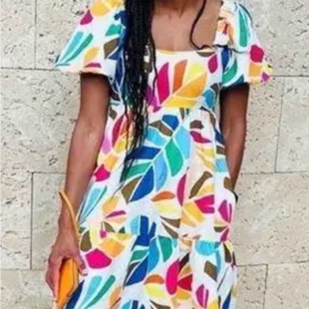 Tabitha Brown Multicolor Leaf-Pattern Square Neck Dress